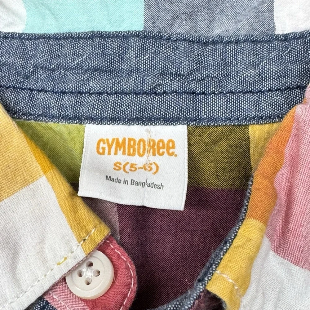 Gymboree Boys Rock Yellow‎ Blue Magenta Checkered Shirt Size S 5/6 Short Sleeve